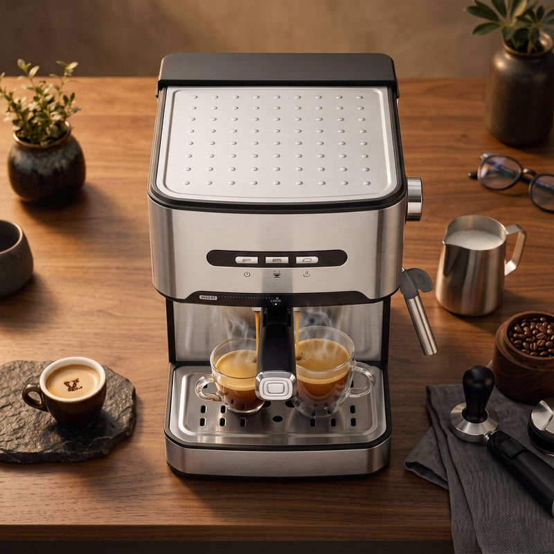 Espresso machine brewing into two glass cups at once on a walnut worktop