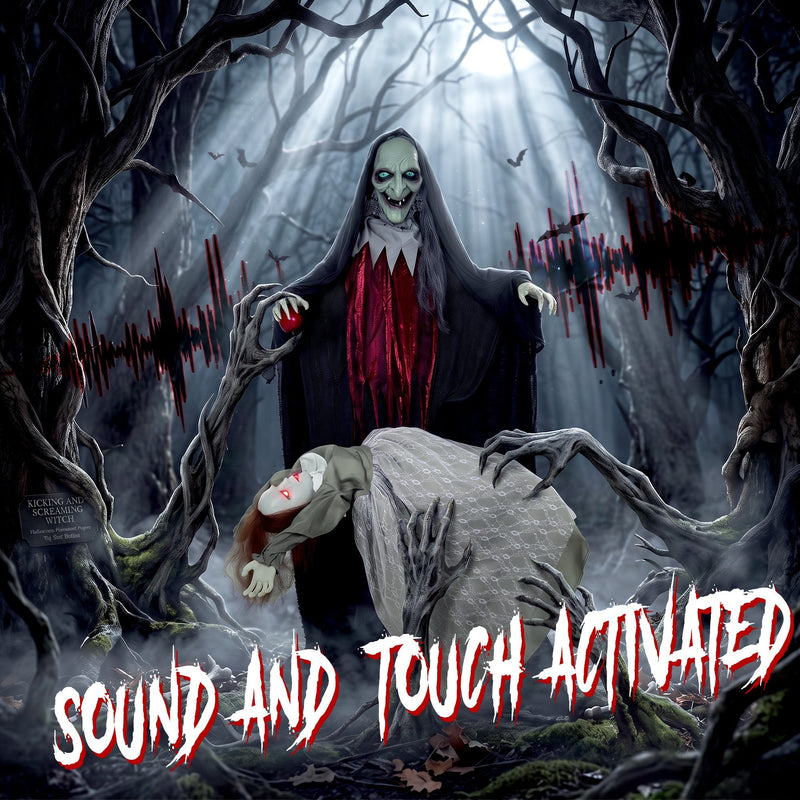 Witch decoration in a dark forest scene with a sound and touch activated callout
