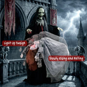 Witch decoration on a castle balcony showing the rising and falling ghost motion