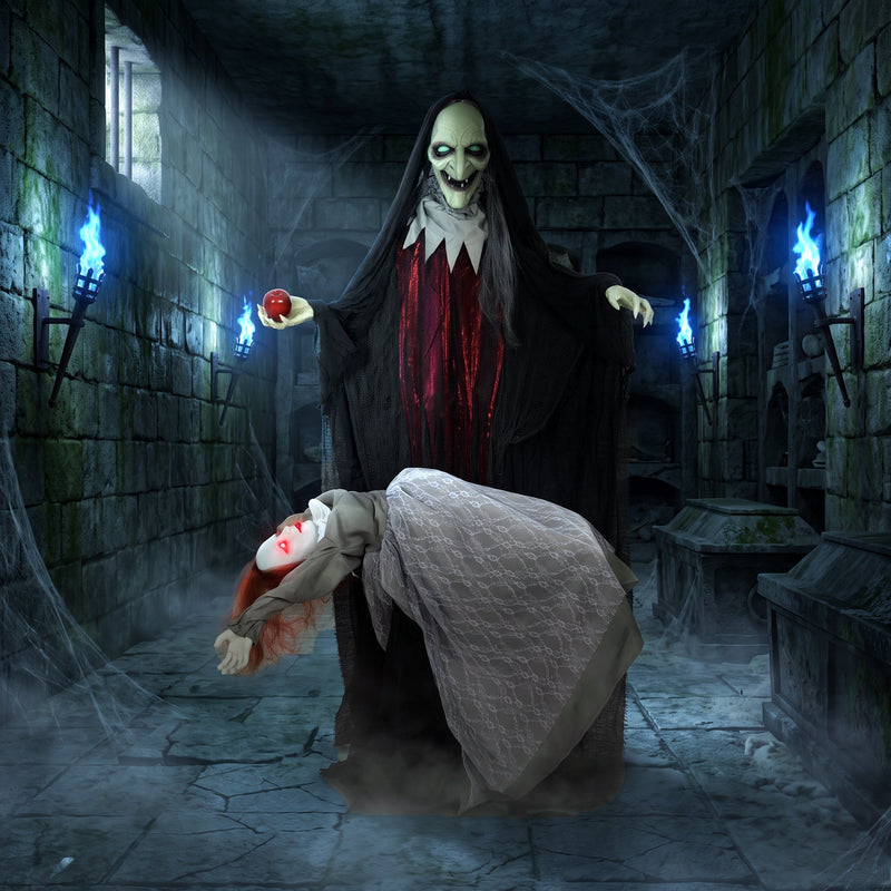 Witch and floating ghost decoration staged in a stone dungeon corridor