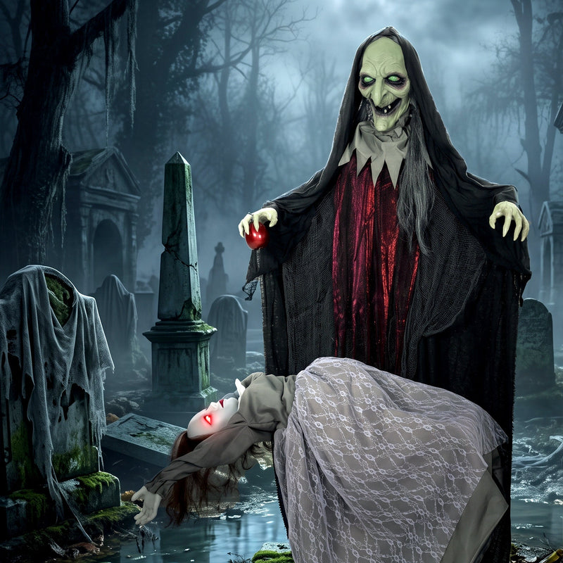 Witch and floating ghost decoration staged in a foggy graveyard scene