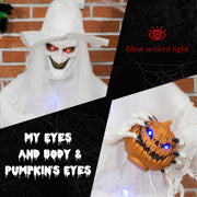Close-up of the witch's red glowing eyes beside her blue-lit pumpkin