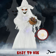 Standing white witch in fog showing the press button on her body