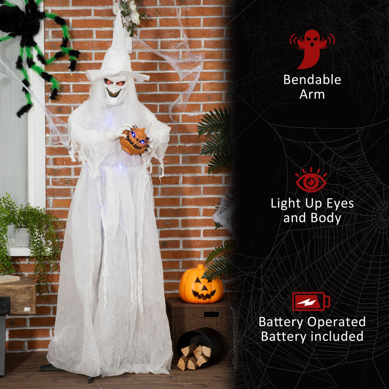 Witch by a brick wall beside a list of her bendable arm and lighting features