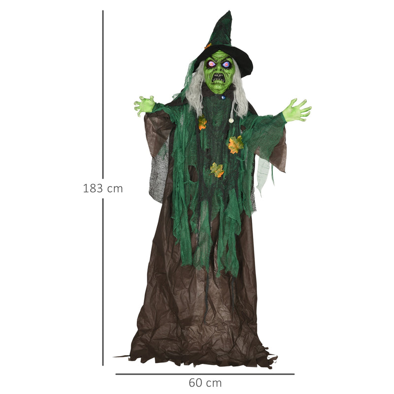 Dimensions diagram showing the standing witch prop at 183 cm tall and 60 cm across