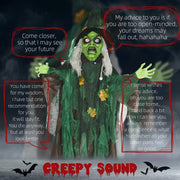 Standing green witch prop in mist with speech bubbles showing the phrases she says