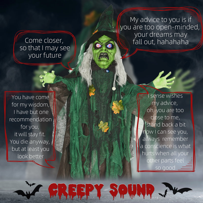 Standing green witch prop in mist with speech bubbles showing the phrases she says