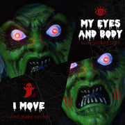 Close-up of the witch's green face with red and blue glowing eyes