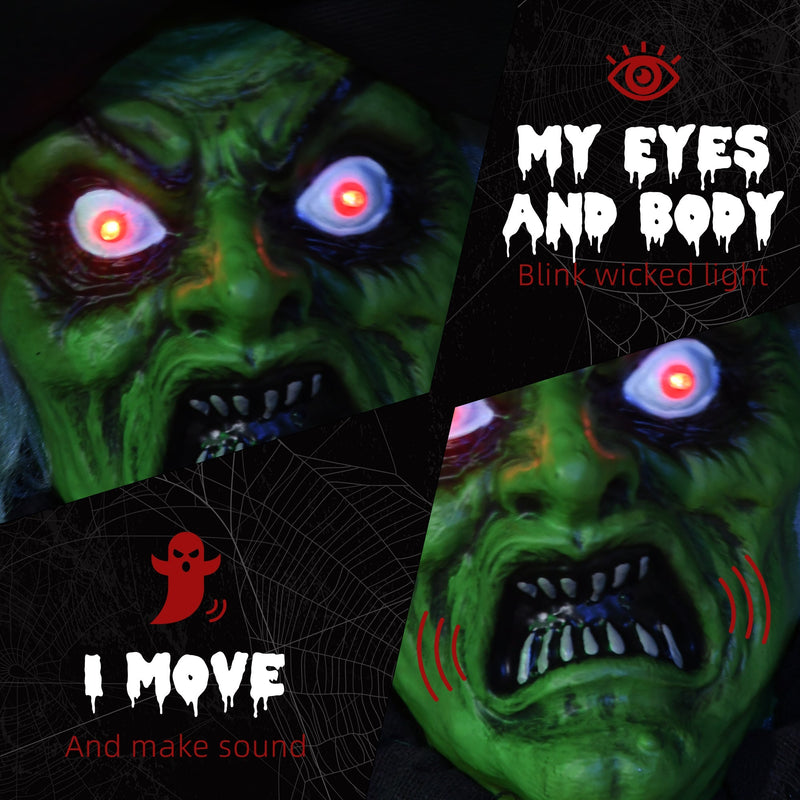 Close-up of the witch's green face with red and blue glowing eyes