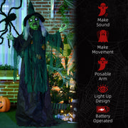 Standing green witch prop on a porch beside a list of sound, movement, posable arm and light features