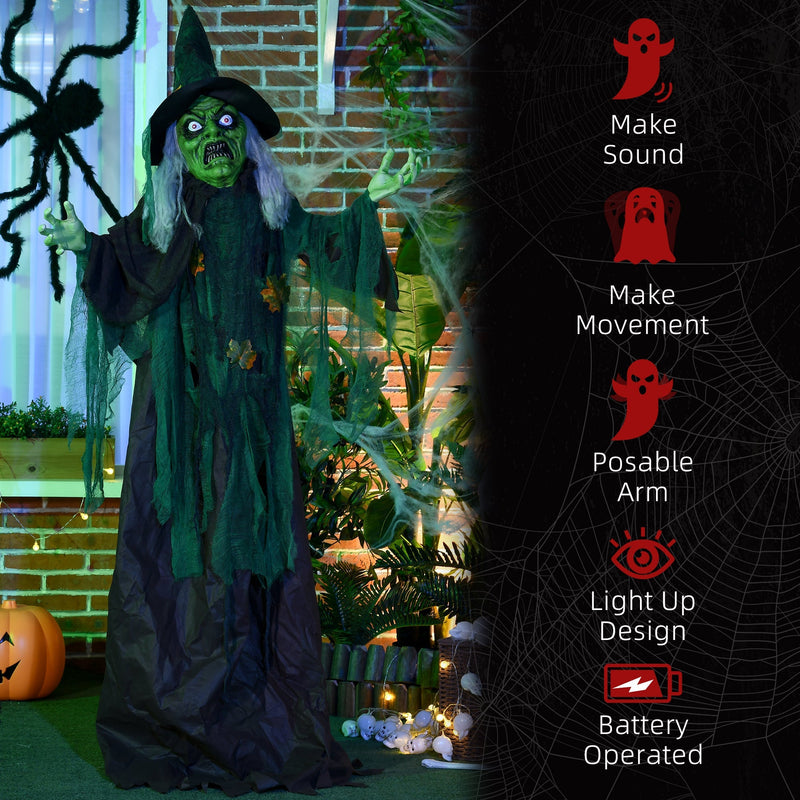 Standing green witch prop on a porch beside a list of sound, movement, posable arm and light features