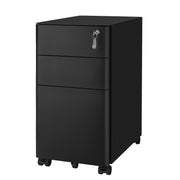 Black steel Songmics file cabinet with 3 drawers, key in the top drawer lock, standing on castors