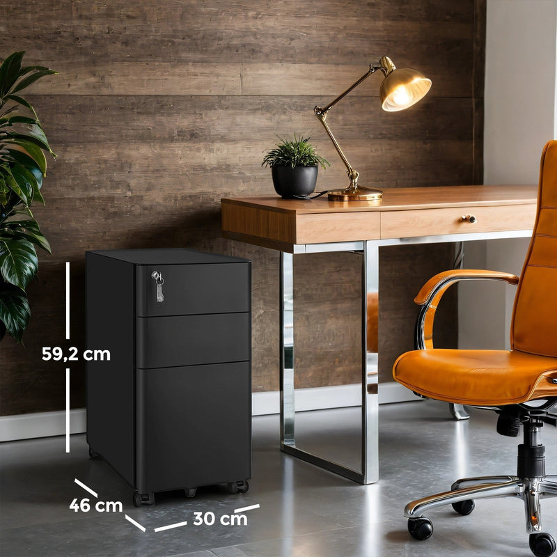 File cabinet beside a desk with dimensions marked at 30 cm wide, 46 cm deep and 59.2 cm high