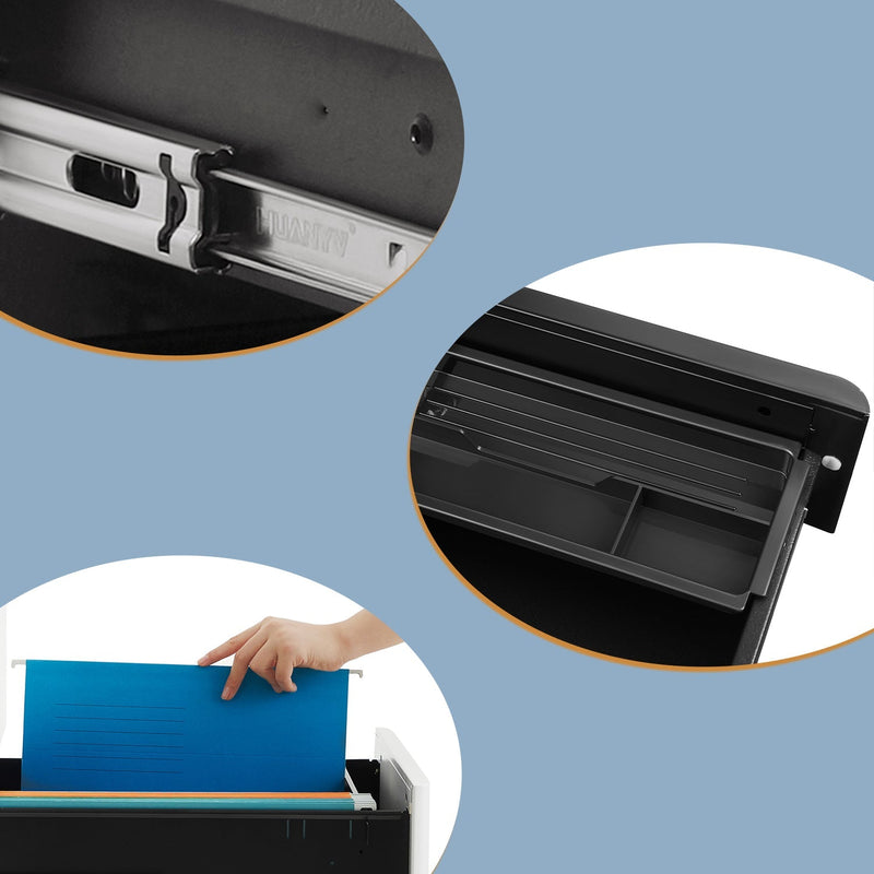 Ball-bearing drawer rail, top drawer organiser tray and a blue hanging file in the deep bottom drawer