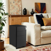 Black file cabinet standing in a living room beside a cream sofa and a wooden sideboard