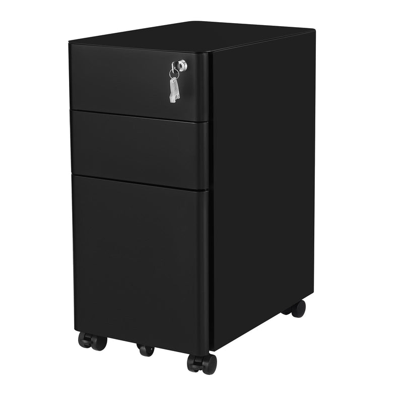 Angled studio view of the black 3-drawer steel file cabinet showing the lock and all 5 castors