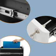 Close-up of the drawer slide rail, key lock and a hanging file folder