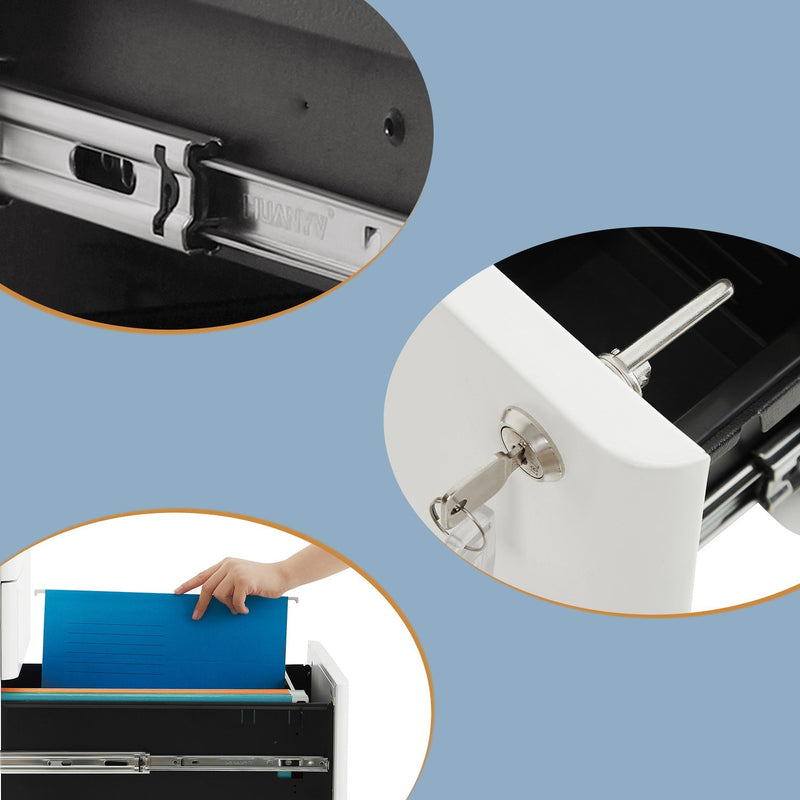 Close-up of the drawer slide rail, key lock and a hanging file folder