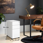 Labelled dimensions diagram showing the file cabinet is 30 x 46 x 59.2 cm in an office setting