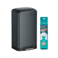 Grey steel pedal bin next to a free sample pack of 15 Songmics drawstring bin bags