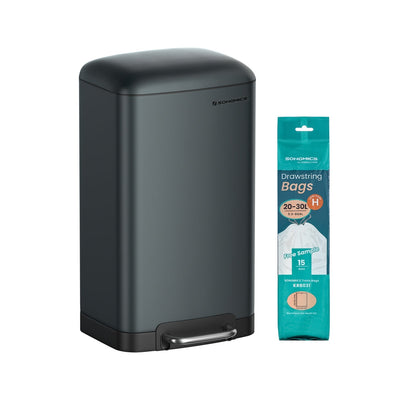 Grey steel pedal bin next to a free sample pack of 15 Songmics drawstring bin bags