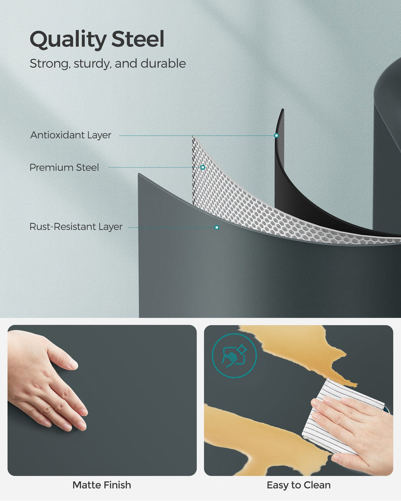 Cutaway of the steel layers with antioxidant and rust-resistant coating, plus a matte, easy-to-clean finish