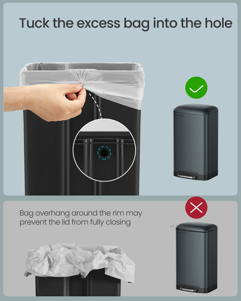 Instructions for tucking excess bin bag into the bag hole so the lid closes fully