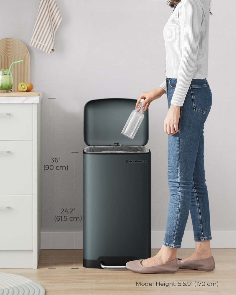 Bin shown next to a person for scale, with lid open to 90cm and body height of 61.5cm