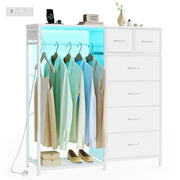 Steel open wardrobe with white fabric drawers, LED-lit hanging rail and clothes hanging