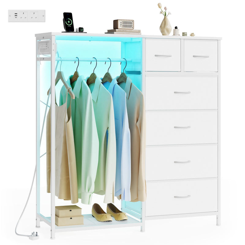 Steel open wardrobe with white fabric drawers, LED-lit hanging rail and clothes hanging