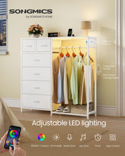 Close-up of the adjustable app-controlled LED lighting inside the wardrobe's hanging rail