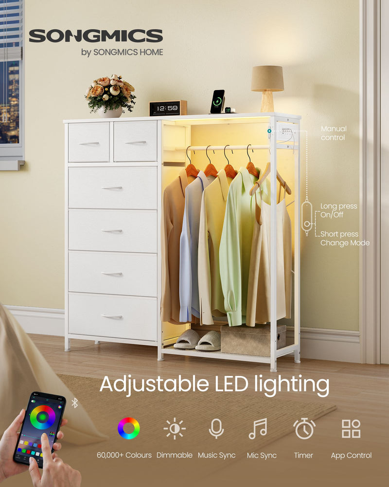 Close-up of the adjustable app-controlled LED lighting inside the wardrobe's hanging rail