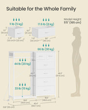 Dimension diagram showing the wardrobe's height, width, depth and drawer capacities