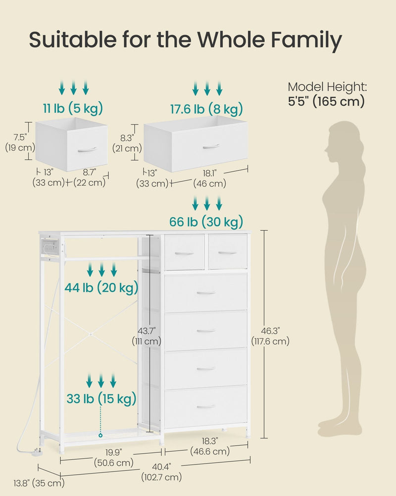 Dimension diagram showing the wardrobe's height, width, depth and drawer capacities