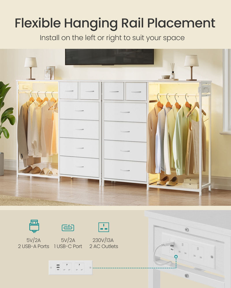 Two wardrobes shown with the hanging rail installed on the left and right, plus charging station detail