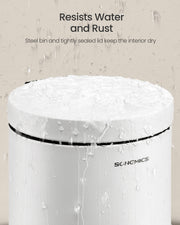 Water being poured on pedal bin showing rust-resistant steel