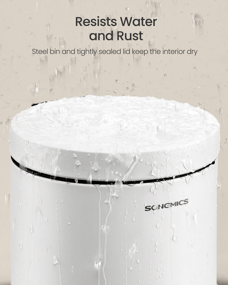 Water being poured on pedal bin showing rust-resistant steel
