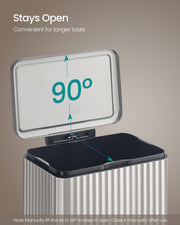 Pedal bin lid lifted open to 90 degrees and staying open