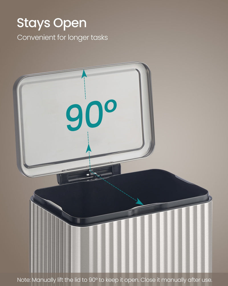 Pedal bin lid lifted open to 90 degrees and staying open