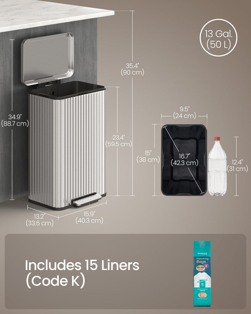 Dimensions diagram of the Songmics 50L pedal bin and inner bucket