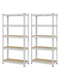 Pair of silver 5 tier steel shelving units side by side on a white background