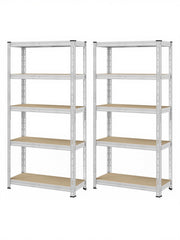 Pair of silver 5 tier steel shelving units side by side on a white background