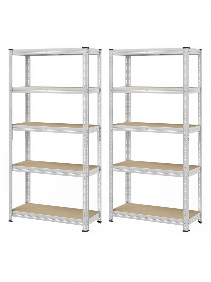 Pair of silver 5 tier steel shelving units side by side on a white background
