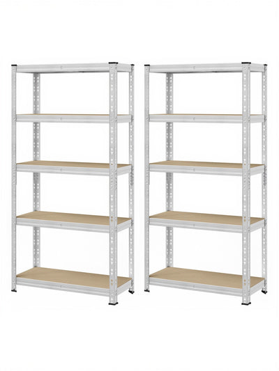 Pair of silver 5 tier steel shelving units side by side on a white background