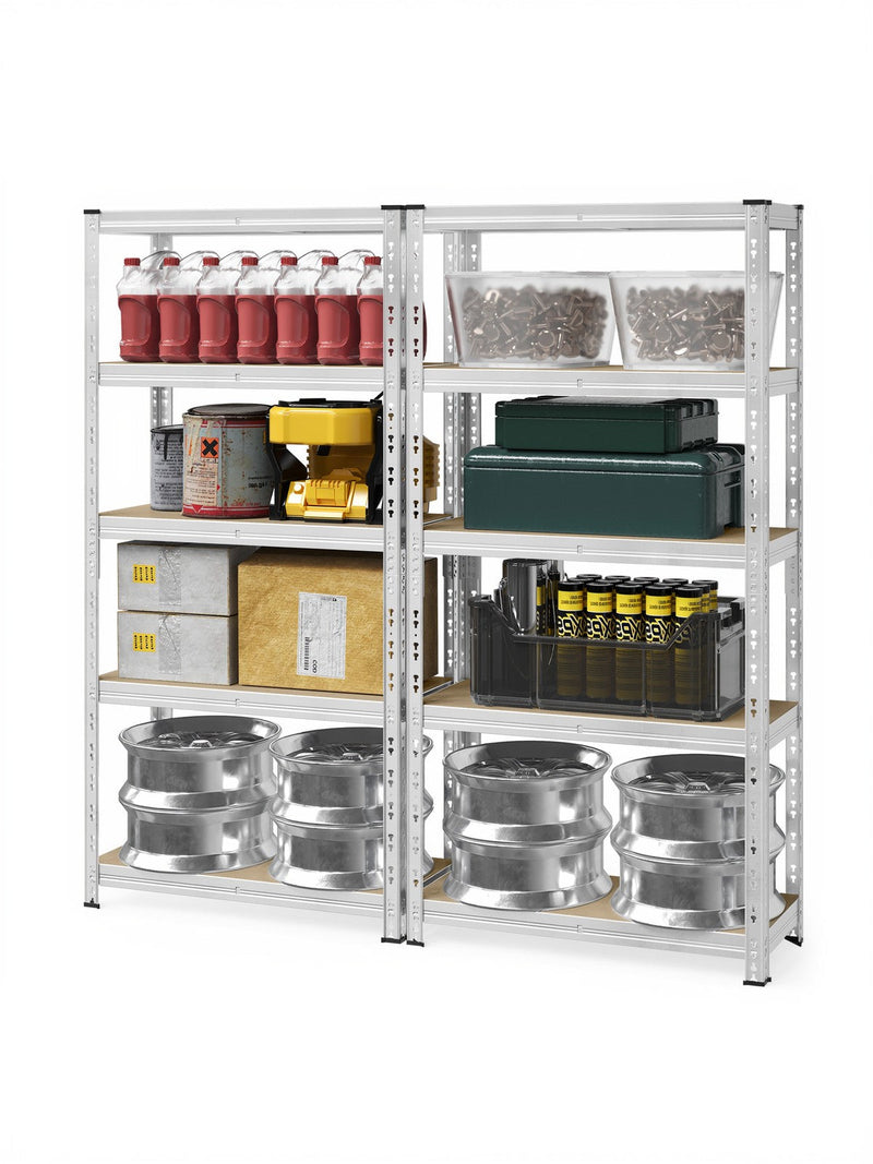 Both steel shelving units loaded with oil bottles, toolboxes and car wheels