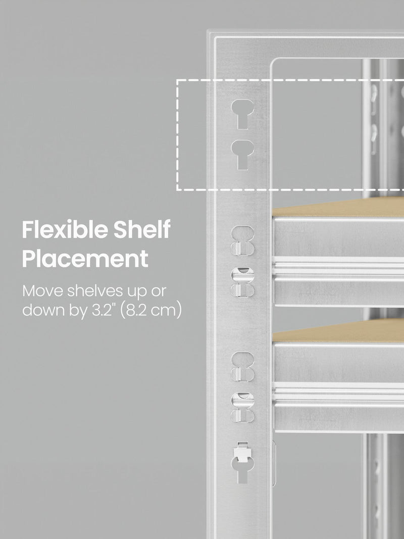 Close-up of the slotted upright showing shelves moving in 8.2 cm steps