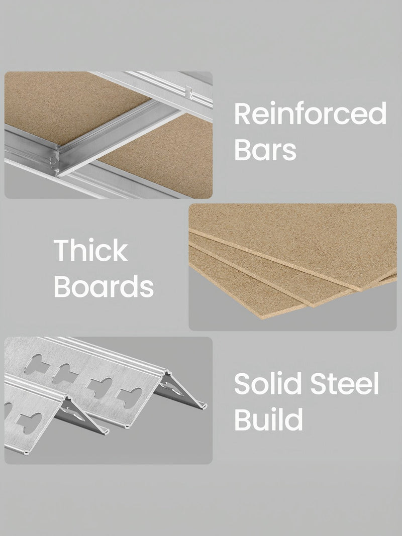 Close-ups of the reinforced support bars, thick MDF boards and steel frame
