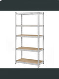 Silver 5 tier steel shelving unit with MDF boards on a white background