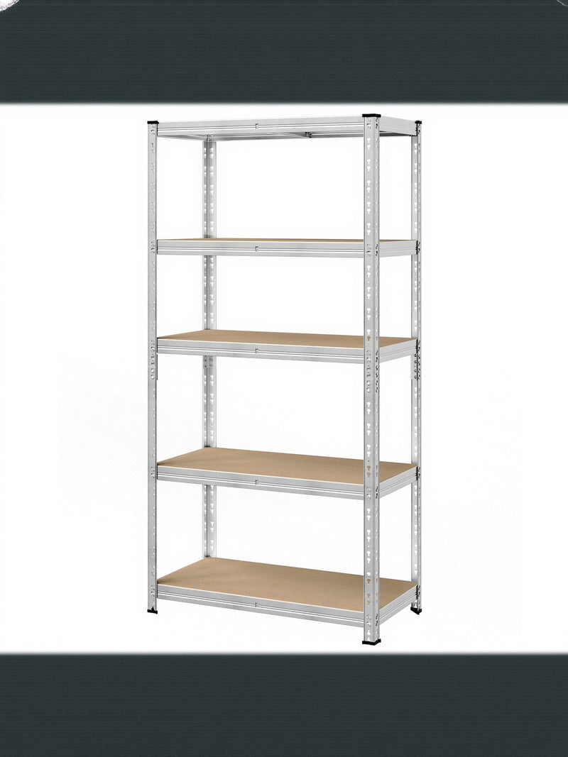 Silver 5 tier steel shelving unit with MDF boards on a white background