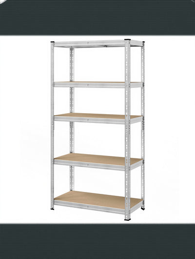 Silver 5 tier steel shelving unit with MDF boards on a white background